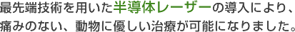 最先端技術を用いた半導体レーザーの導入により、痛みのない、動物に優しい治療が可能になりました。